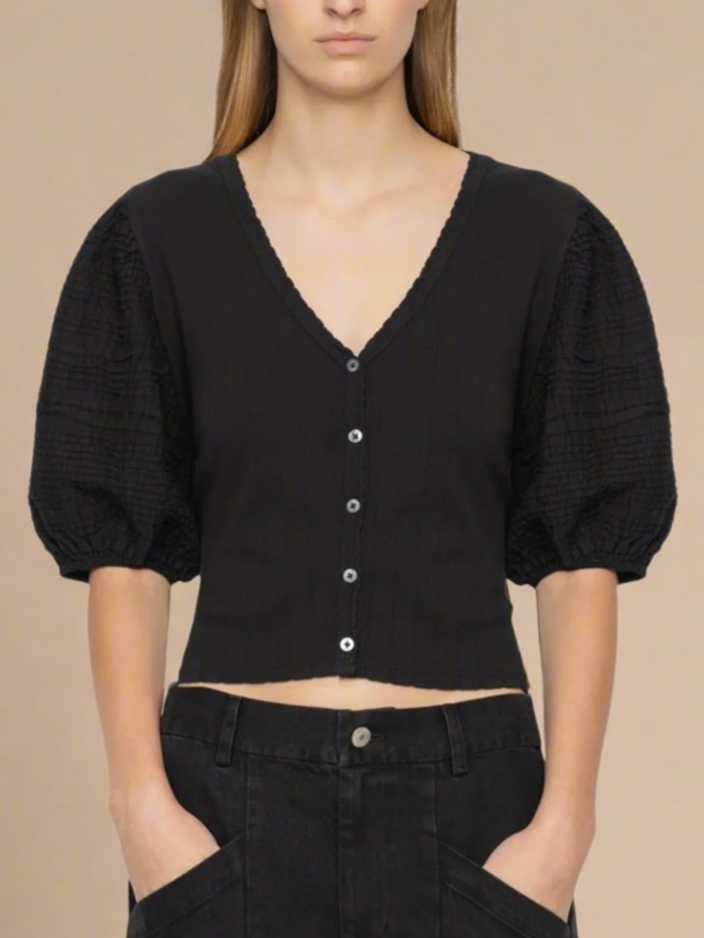 Sea New York Black V-Neck Puff Sleeve Button-Front Top